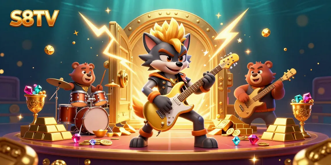 S8TV offers thrilling interactive betting moments, featuring vibrant casino art with a wolf rock star and drummer bear.
