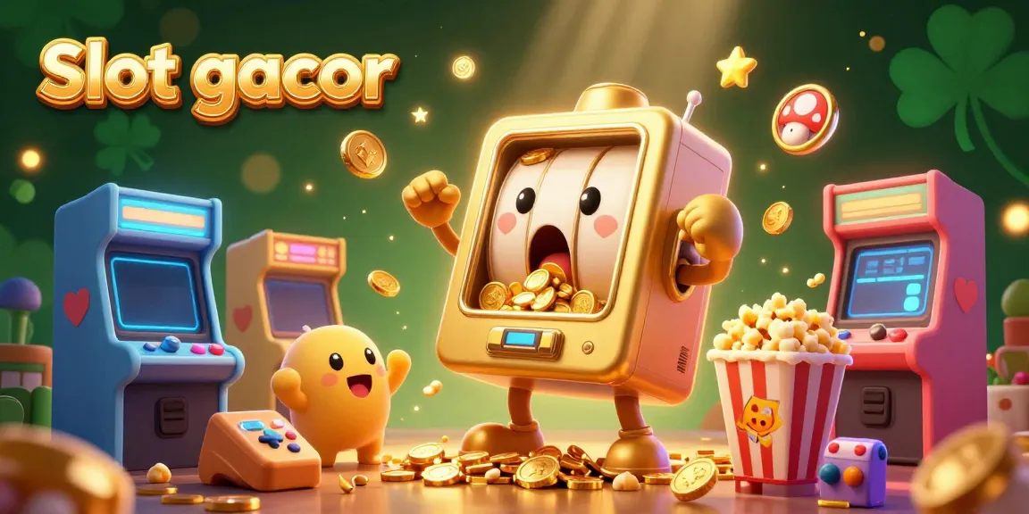 Slot gacor scene showing a joyful golden slot machine hitting the jackpot, surrounded by cheering machines and arcade elements.