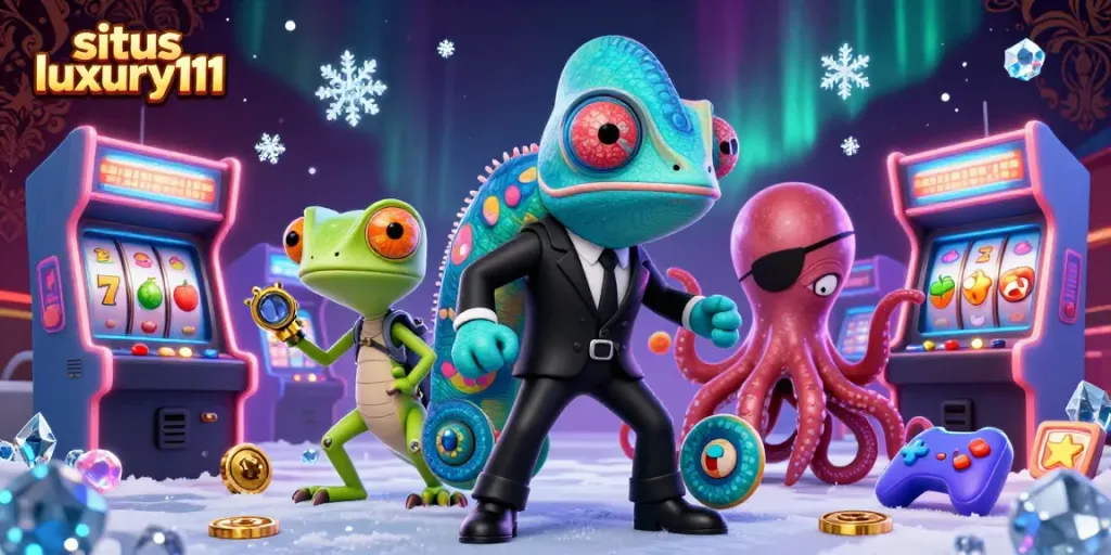 Engage with situs luxury111 through a dynamic 3D casino illustration featuring vibrant characters amidst slot machines.