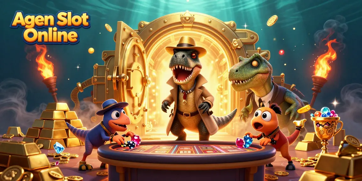 Engage with Agen Slot Online at a dynamic slot machine table in this colorful casino scene.