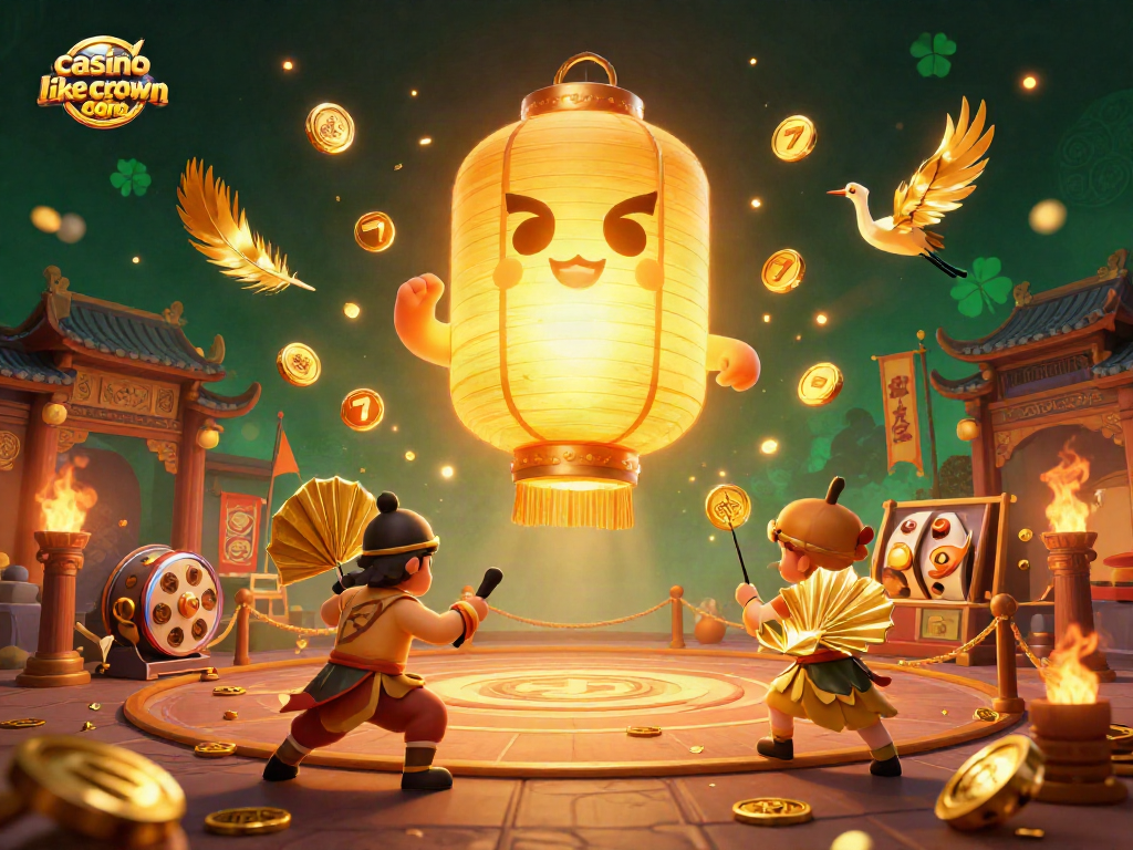 Engage in thrilling gameplay at casino like crown coins with vibrant golden lantern spirit, slot elements, and dynamic warriors.