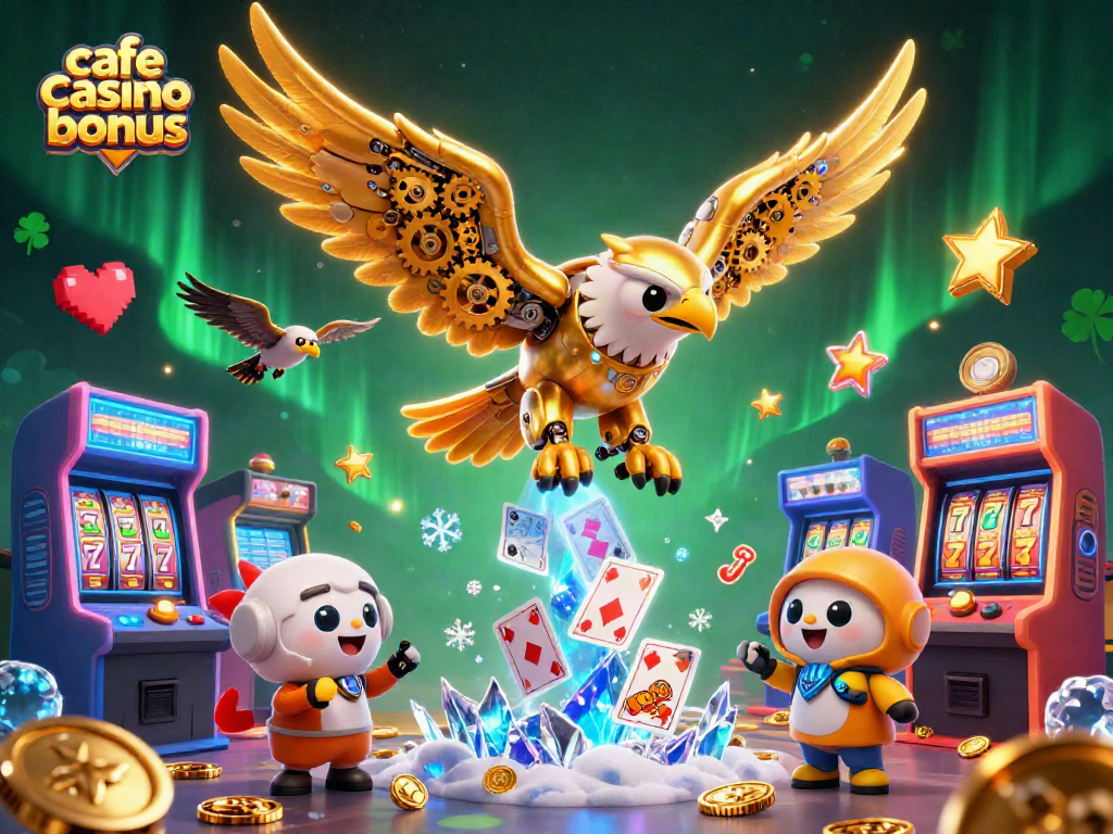 Play with cafe casino bonus offers featuring a golden eagle diving through casino-themed elements.
