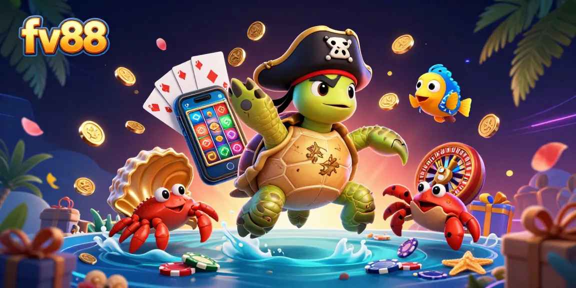 Experience exciting gameplay with fv88 featuring a vibrant 3D scene of a pirate turtle and friends above casino treasures.