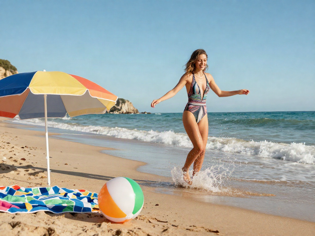 Sophie Rain enjoying a sunny beach day, splashing water playfully, embodying leisure vibes.