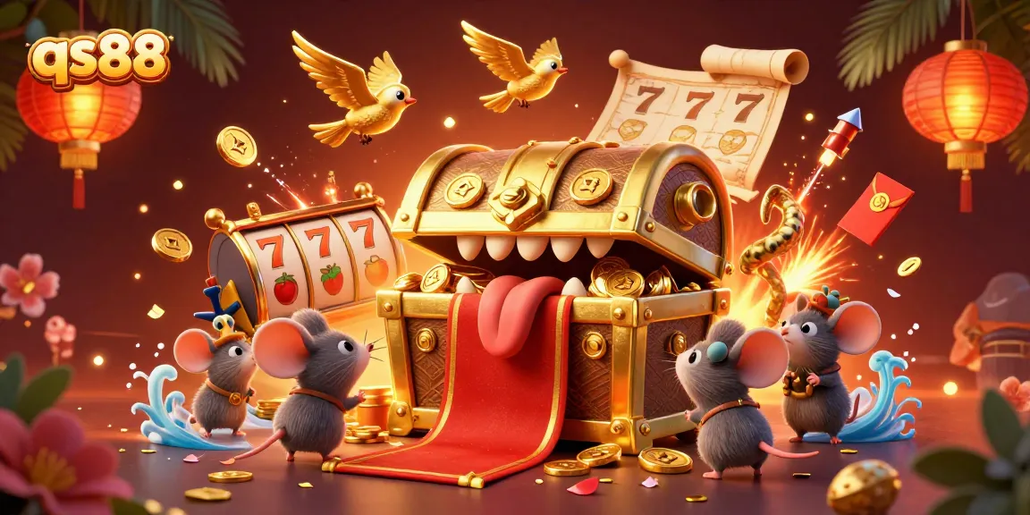qs88 captures excitement with a golden treasure chest luring adventurer mice amidst casino elements.