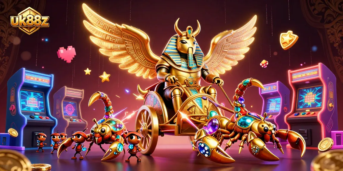 Spin the reels with uk88z, featuring a pharaoh beetle and vibrant casino elements.