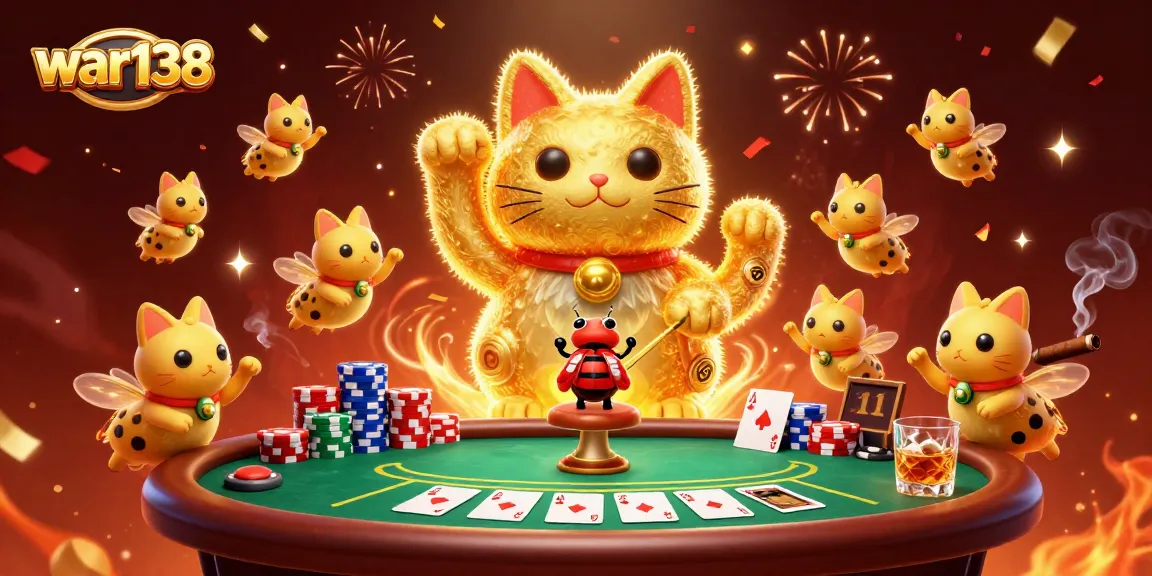 Experience thrilling wins with WAR138, capturing excitement on a vibrant casino-inspired illustration.