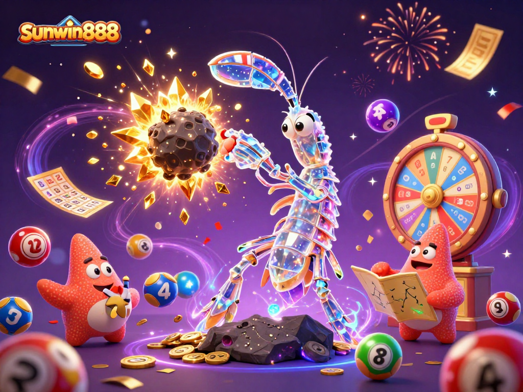 Engage in thrilling gameplay at sunwin888 with a dynamic scene of a galactic mantis shrimp surrounded by festive casino elements.