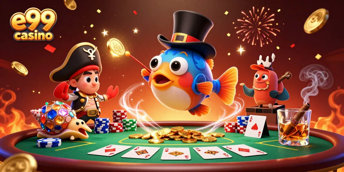 Experience the excitement at e99 casino with vibrant characters and thrilling poker action.