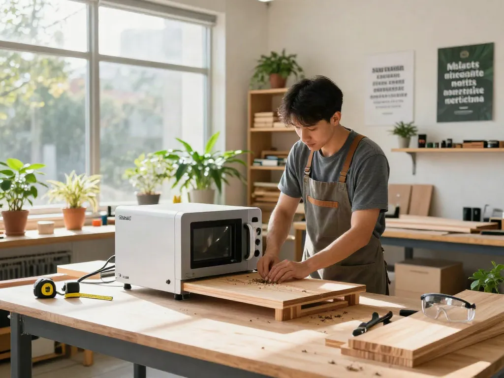 SHASHEL® microwave device in use for eco-friendly wood treatment in a modern workshop.