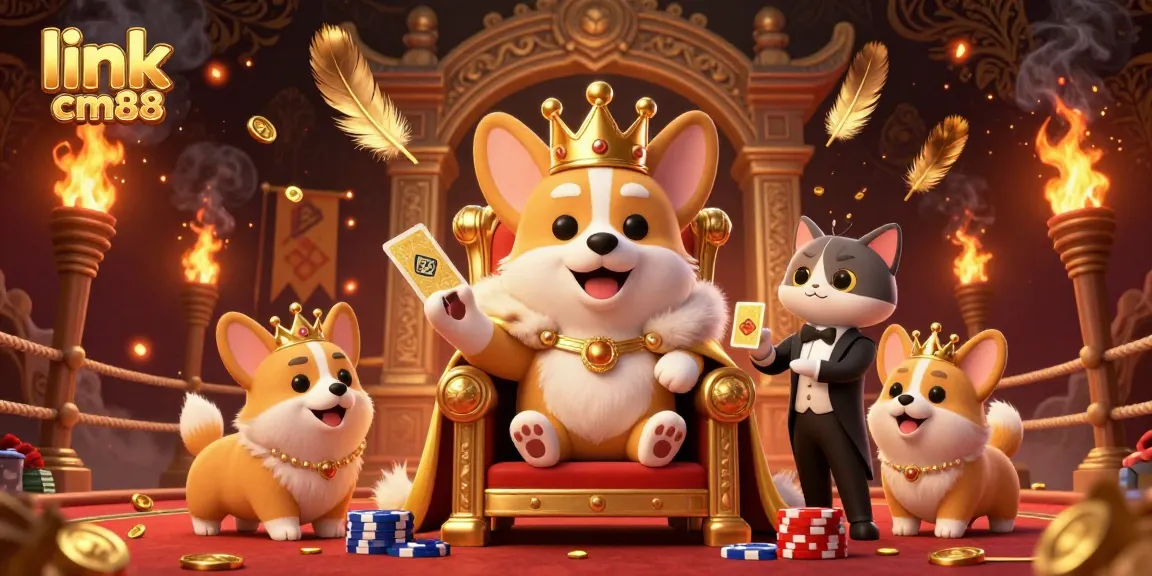 Engaging scene of a royal corgi at link cm88 casino with gold chips and cards, celebrating gaming excitement.
