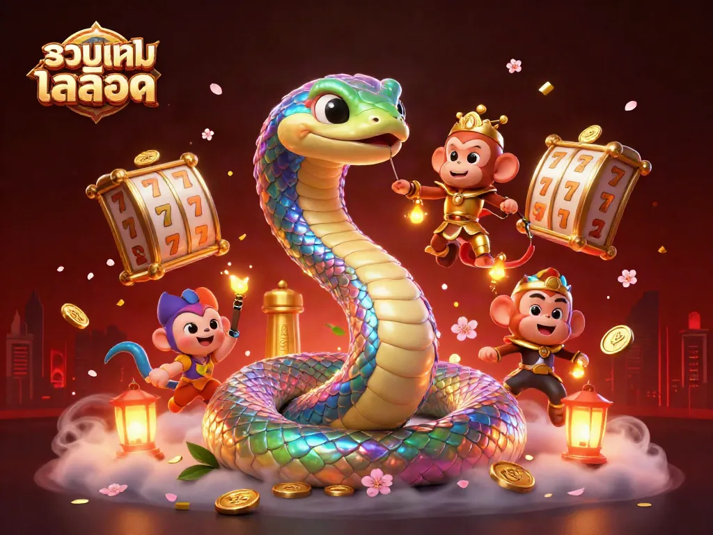 Experience the thrill of รวมเกมสล็อต with vibrant characters, intricate designs, and dynamic gambling elements in a captivating 3D scene.