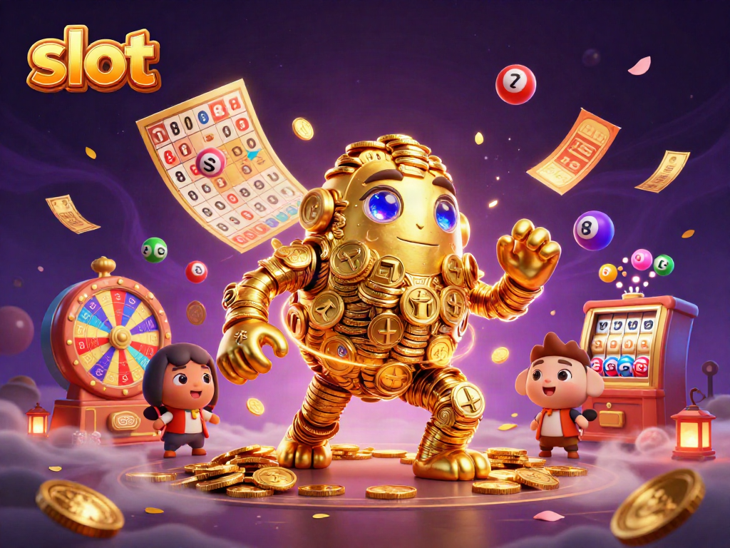 Experience the excitement of slot games with a golden golem surrounded by vibrant casino elements.