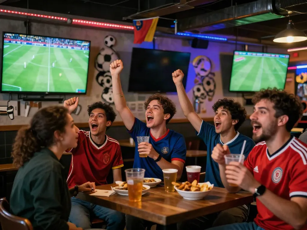 Fans enjoying soccer at WWBOLA sports bar, cheering with excitement.