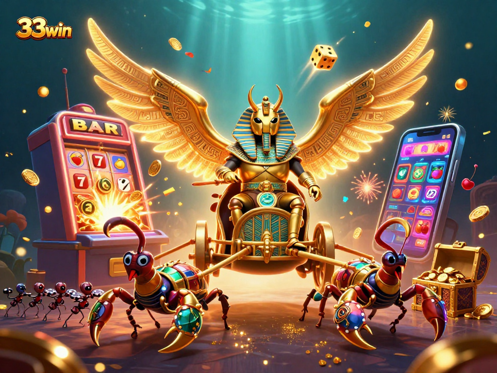 Engage with the vibrant 33win casino scene featuring a golden scarab and dynamic gaming elements.