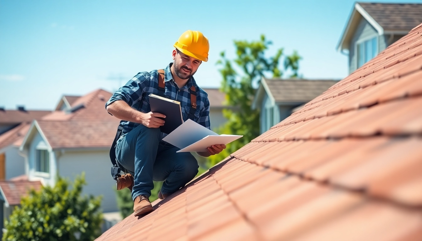 Contractor assessing twinsburg oh roof repairs on a home rooftop under bright blue sky.