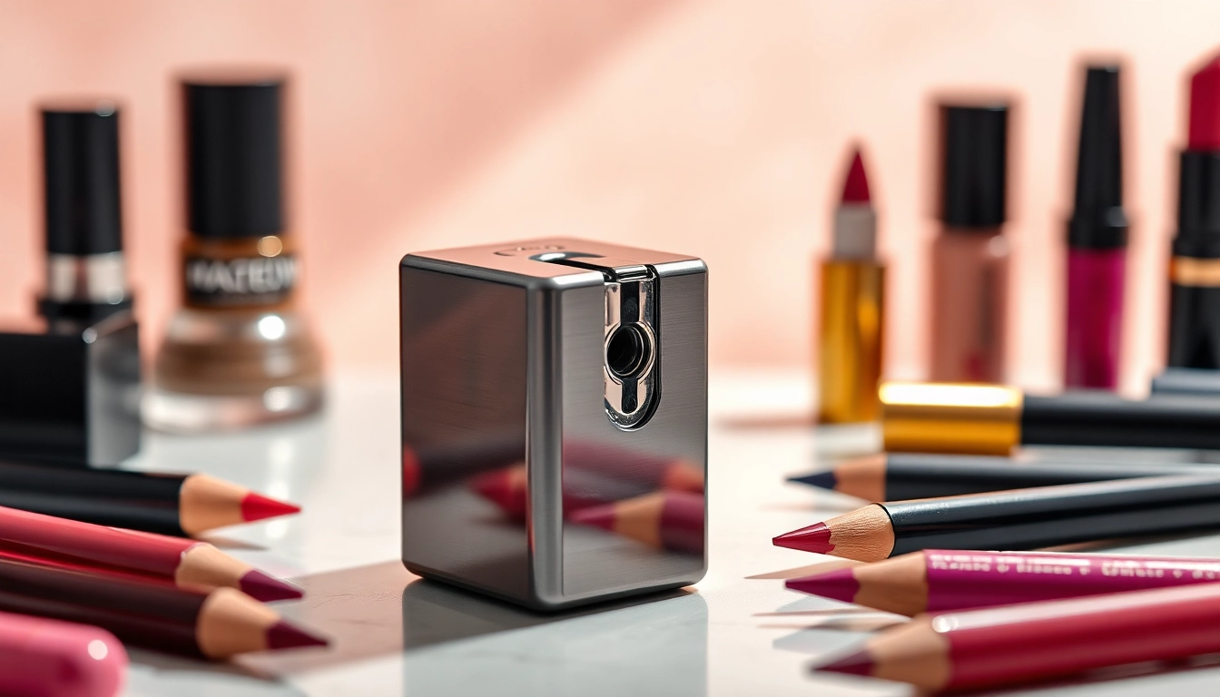 Enhance precision with a premium cosmetic pencil sharpener in a stylish makeup setting.