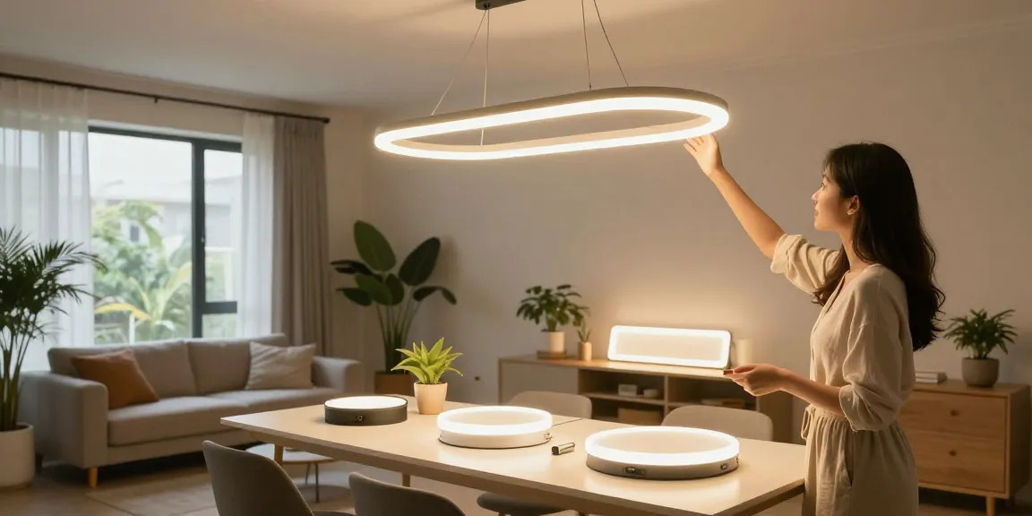 Lustre LED moderne într-un living elegant, femeie alegând iluminatul perfect.
