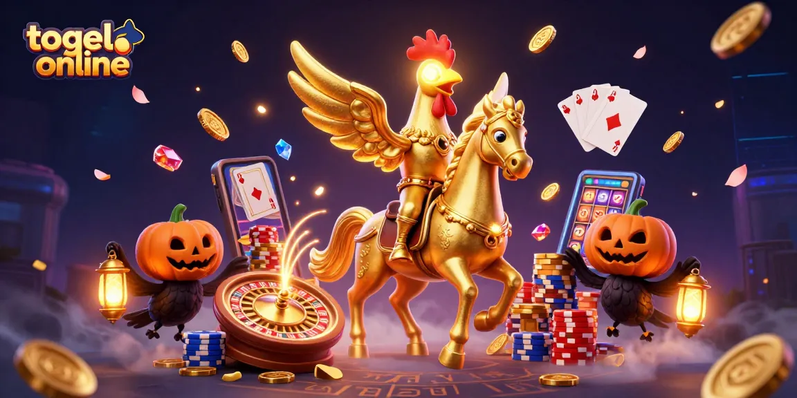 Engage with togel online in a vibrant casino scene filled with golden coins, cards, and a unique golden rooster.