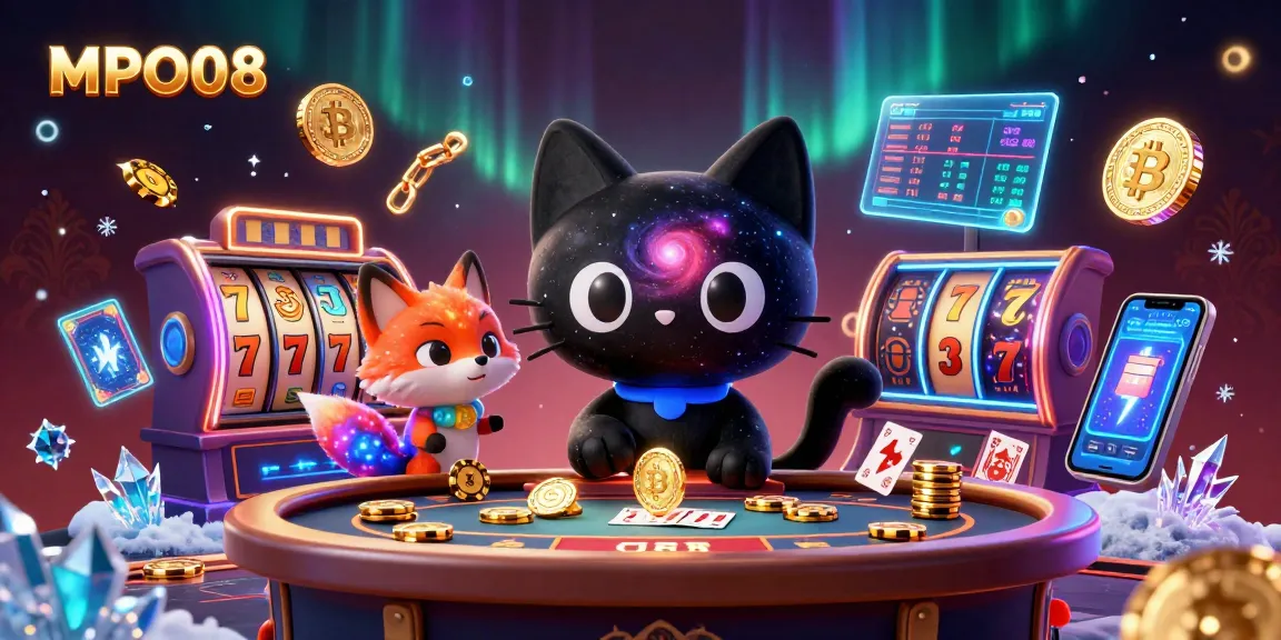 MPO08 engaging players with a colorful cosmic casino experience filled with vibrant slot elements and cryptocurrency icons.