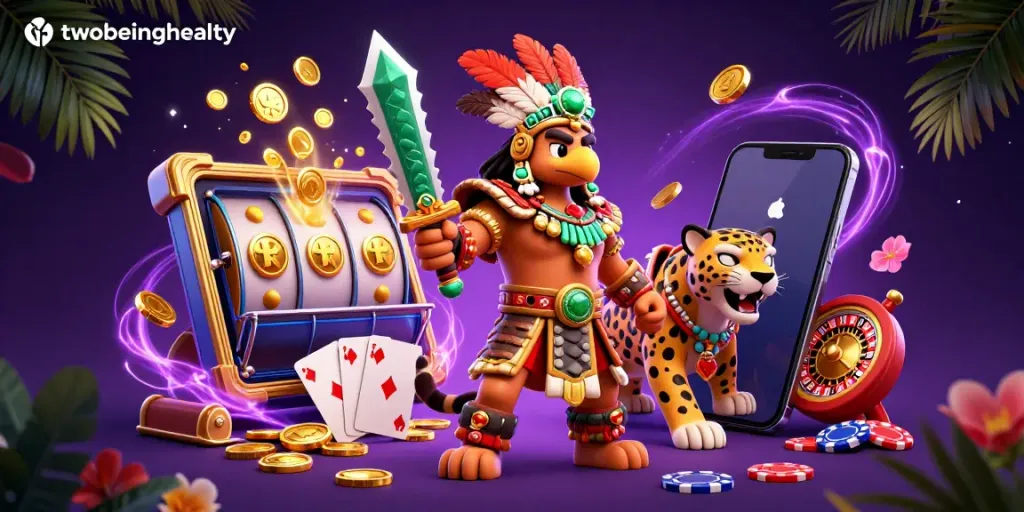 Engage with thrilling action on twobeinghealty's vibrant 3D illustration featuring animated slot game elements.