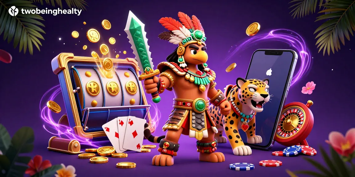 Engage with thrilling action on twobeinghealty's vibrant 3D illustration featuring animated slot game elements.