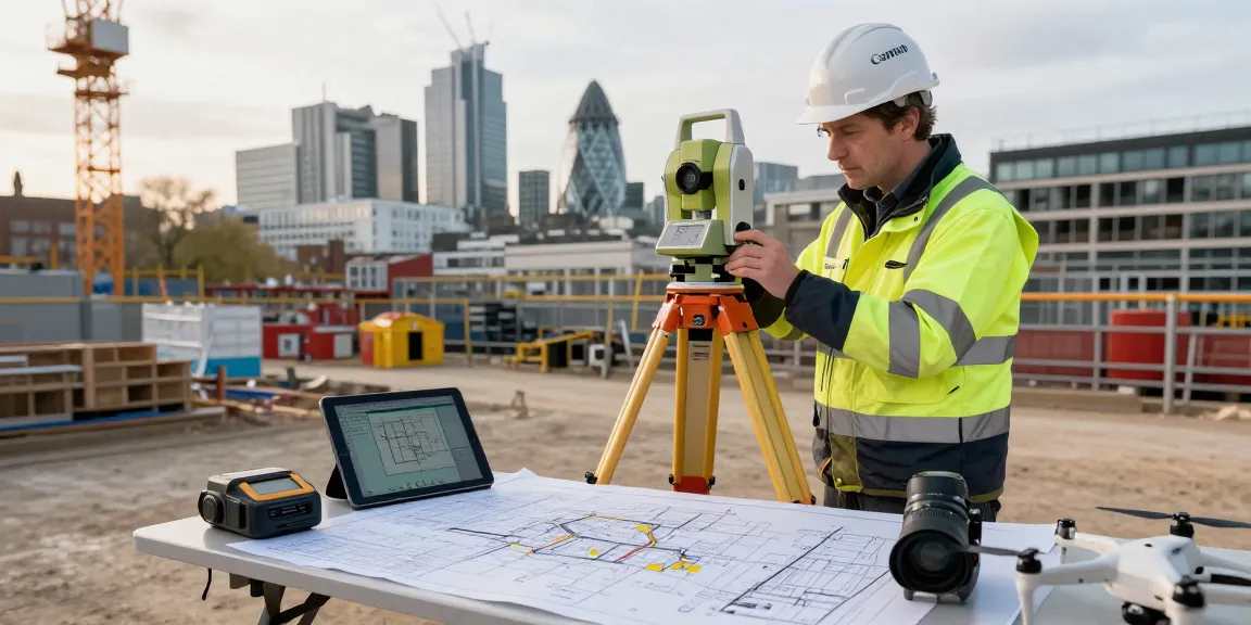 Land surveyors London measuring site data with advanced equipment in urban environment.