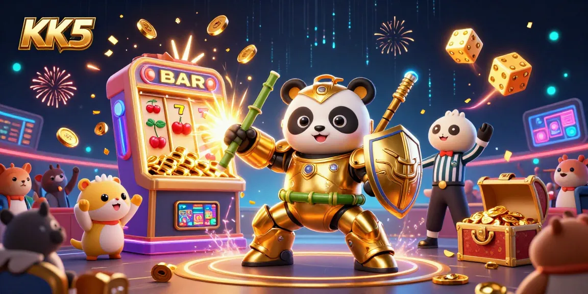 Experience the excitement of KK5 with a golden panda in a dynamic casino scene, bursting with jackpots and colorful games.