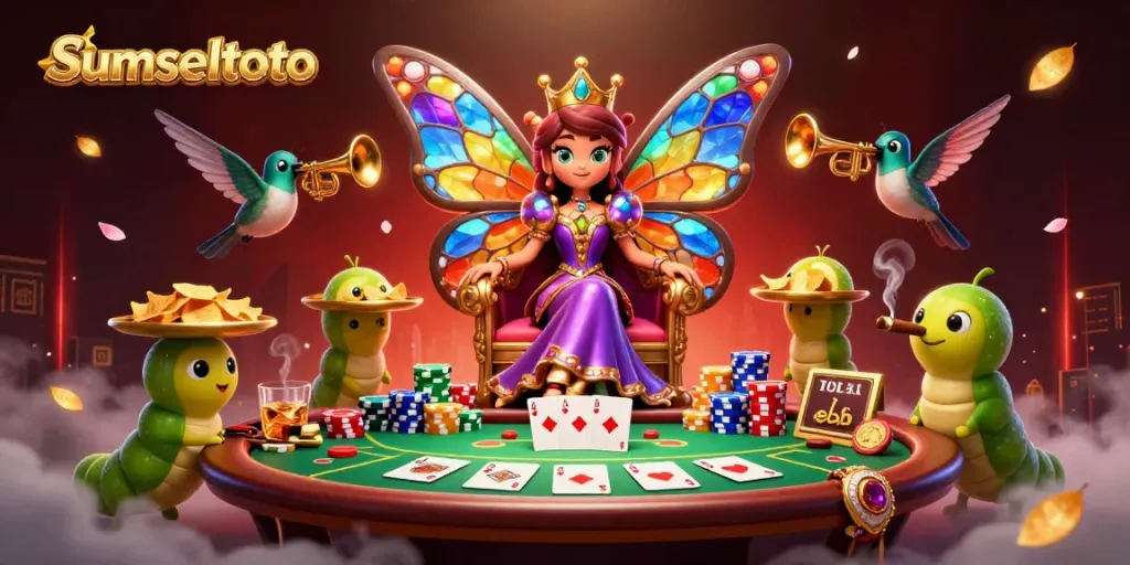 Experience premium gaming with sumseltoto, featuring vibrant characters and dynamic poker action in a whimsical setting.