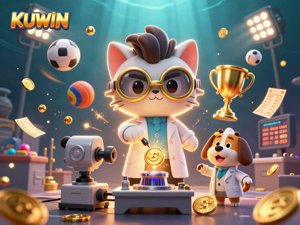 KUWIN offers thrilling betting action with golden coins, sports balls, and dynamic casino elements in an exciting scene.
