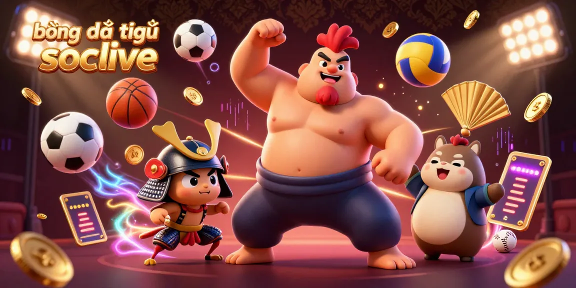 bóng đá trực tuyến socolive showcases a dynamic sports scene with a sumo wrestler rooster, fierce cricket, and tanuki announcer among flying sports balls and glowing trophies, highlighting immersive o