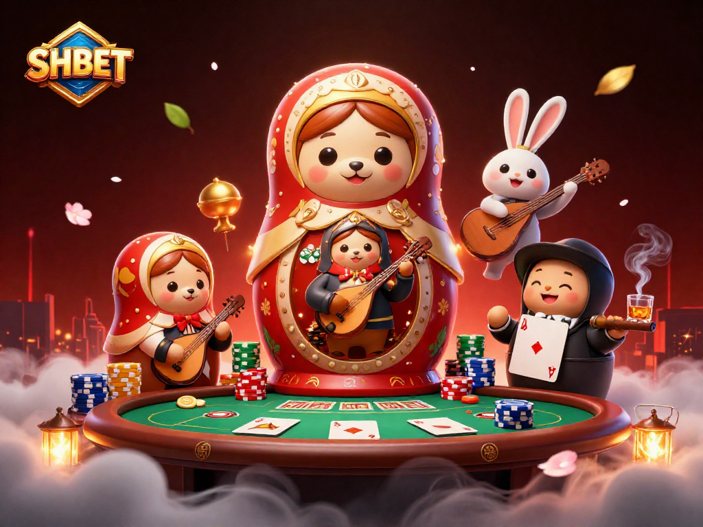 SHBET players enjoy an exciting 3D casino scene featuring vibrant dealer bears and immersive game elements.