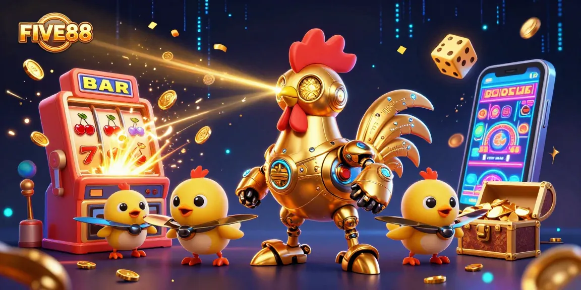 Experience FIVE88's vibrant casino action with a dynamic illustration featuring a golden rooster robot and flying slot game elements.