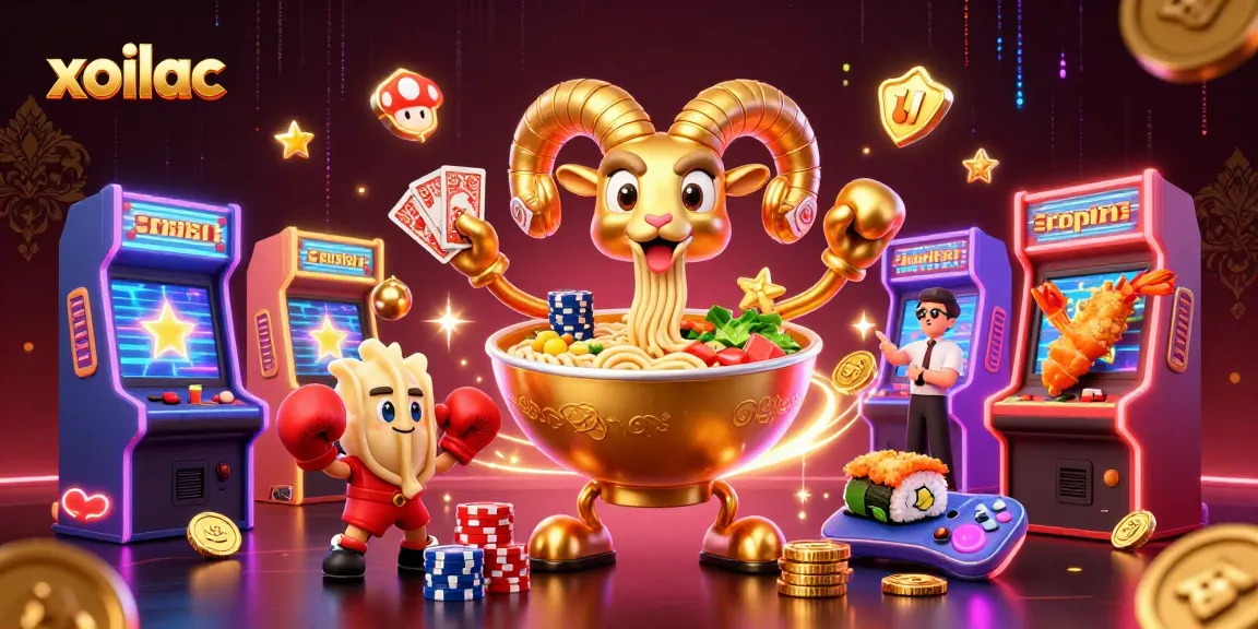 Xoilac funnels excitement as a ramen bowl dealer amidst vibrant casino chaos and glowing game elements.