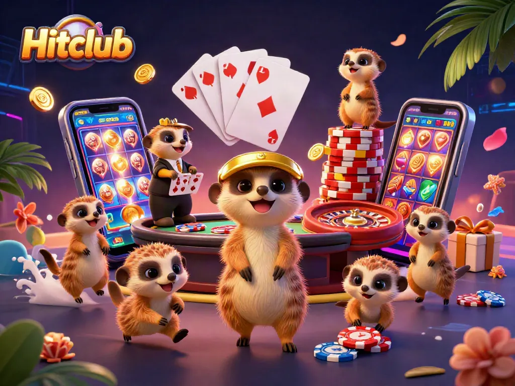 Experience the excitement of Hitclub with meerkats managing a vibrant casino scene packed with dynamic elements.