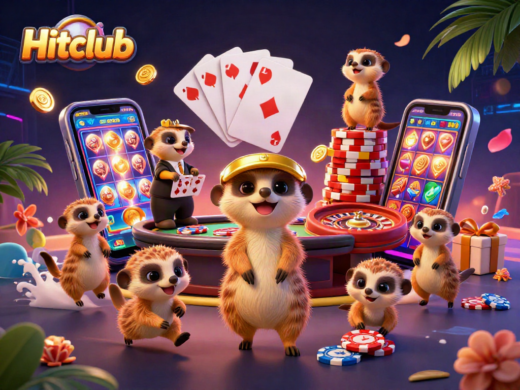 Experience the excitement of Hitclub with meerkats managing a vibrant casino scene packed with dynamic elements.