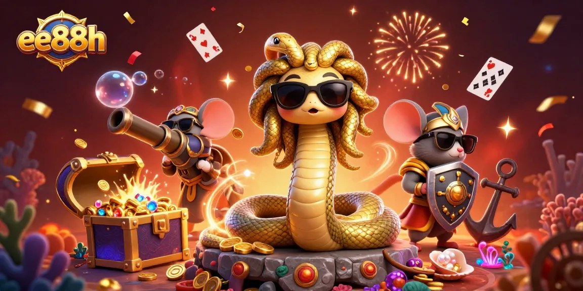 Experience excitement at ee88h with Medusa and a warrior mouse, surrounded by gaming treasures!