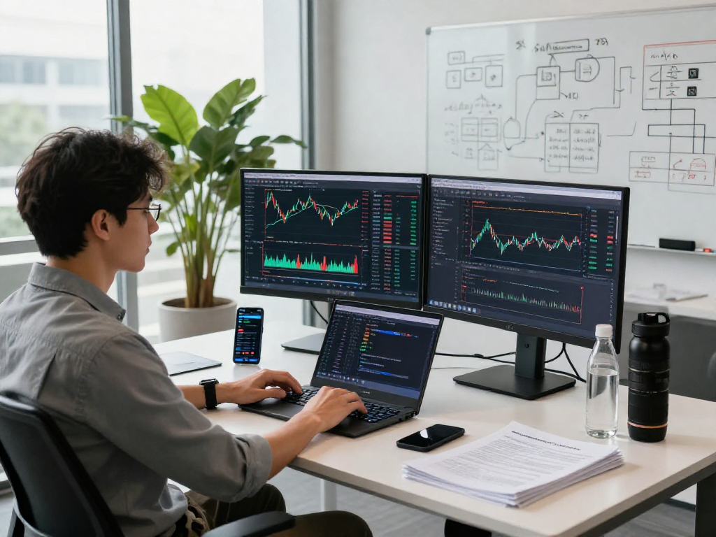 开发者在现代办公室中使用WebSocket金融推送API处理实时金融数据的场景。
