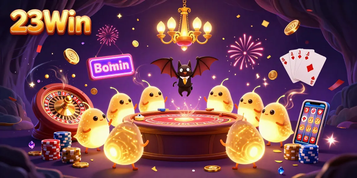 Experience the vibrant excitement of 23Win casino with glowing characters illuminating games and sparkling treasures.