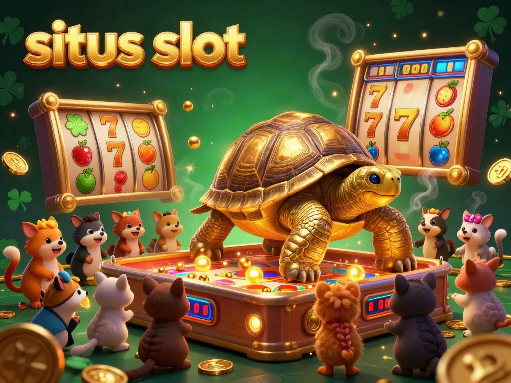 Gambar animasi 3D menarik dari situs slot dengan simbol keberuntungan dan karakter ceria.