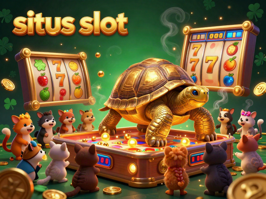 Gambar animasi 3D menarik dari situs slot dengan simbol keberuntungan dan karakter ceria.