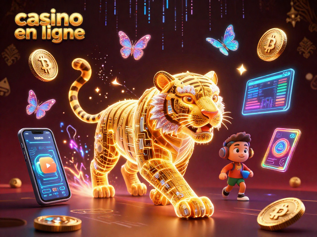 Profitez d'une expérience immersive de casino en ligne avec un tigre lumineux en 3D et des pièces de crypto-monnaie.