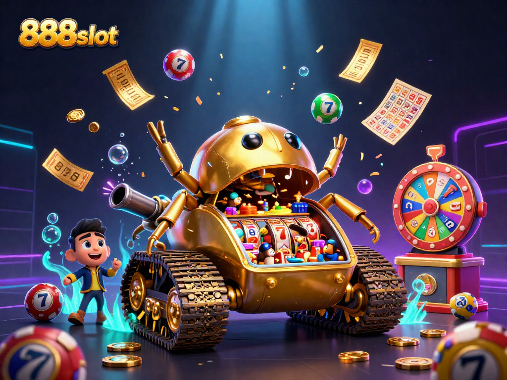 Experience excitement with 888slot's vibrant casino illustration featuring playful lottery elements.