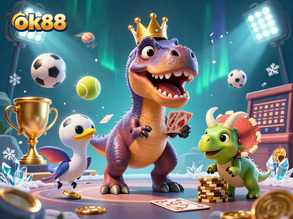 Join in on the excitement at ok88, as a cartoon T-Rex shuffles cards, assisted by its friends in a vibrant casino scene.