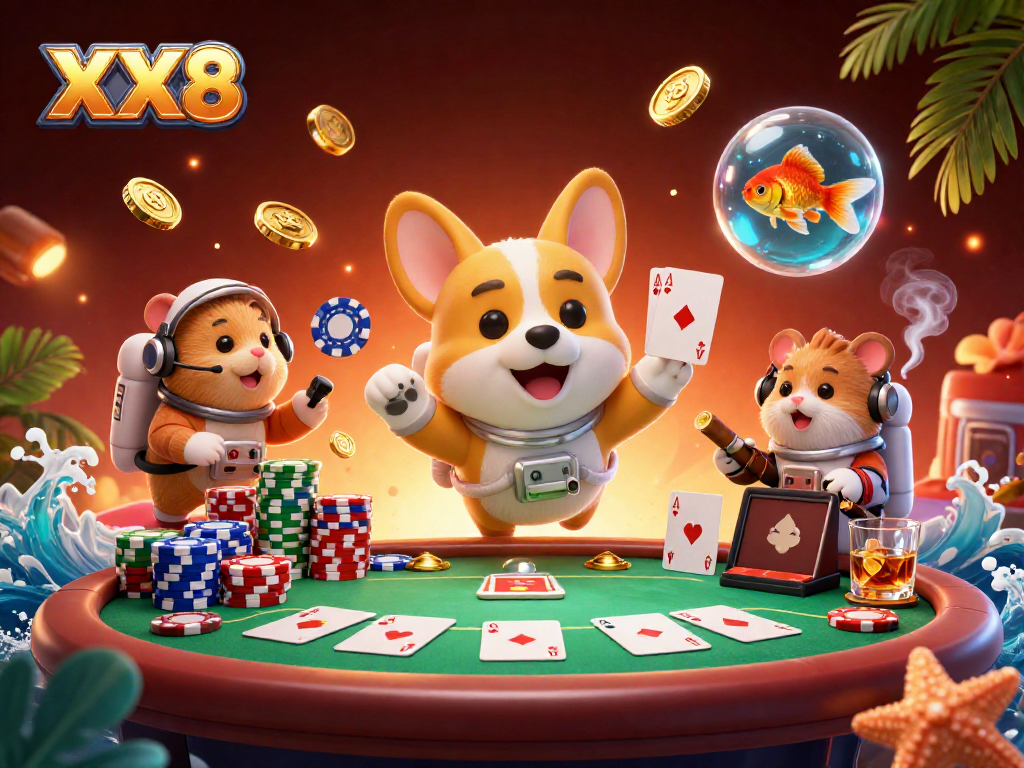 Engage with the dynamic casino experience at XX8, featuring a playful astronaut corgi among vibrant poker elements.