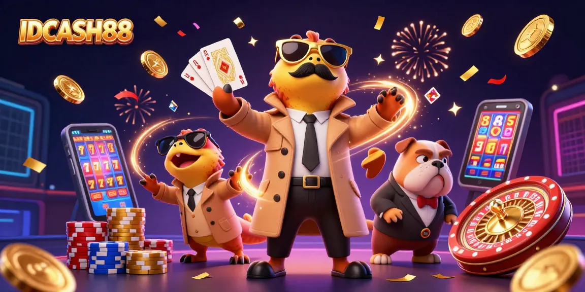 Experience the fun of IDCASH88 with raptors in a trench coat entering a VIP casino lounge.