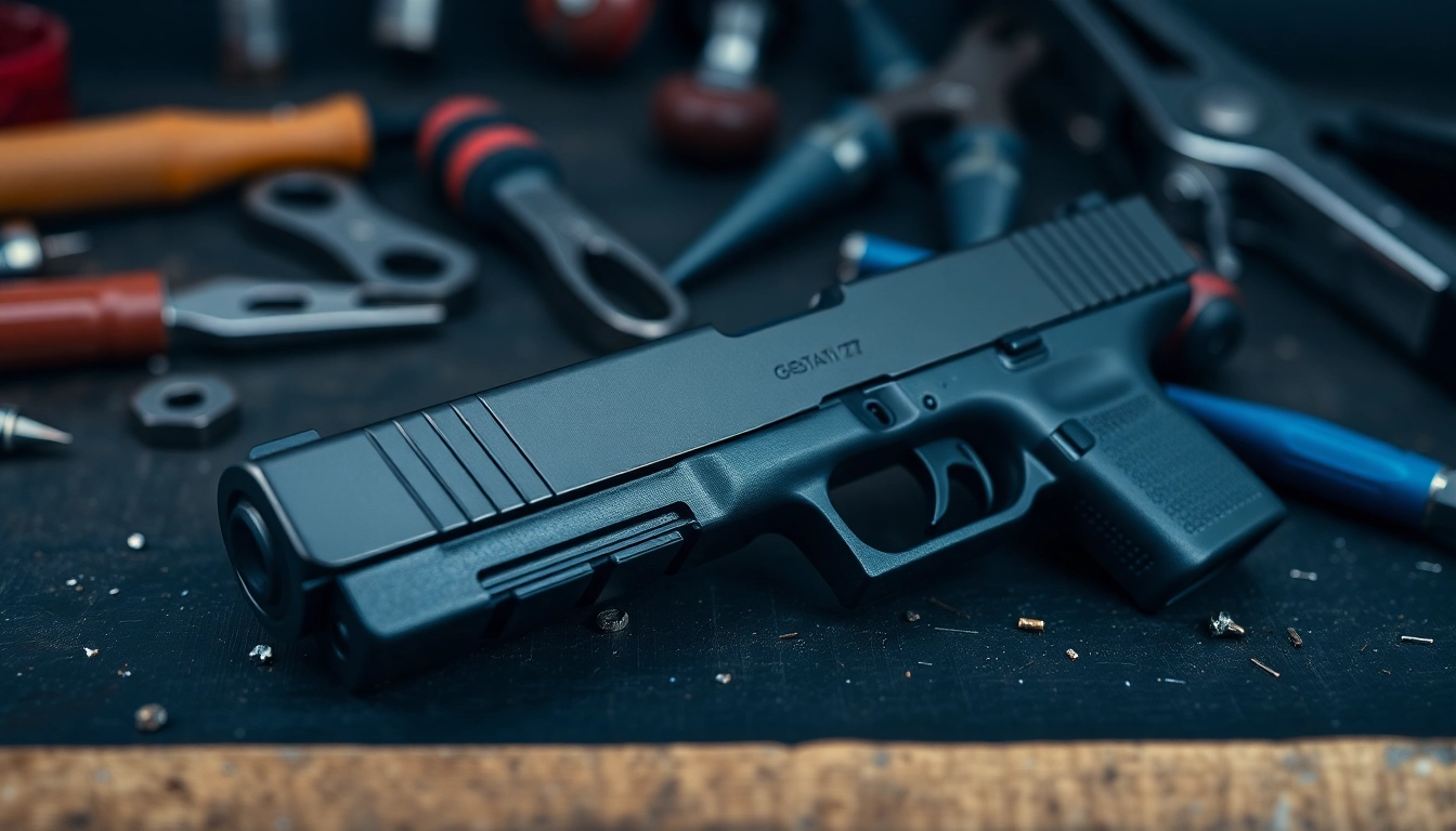 Shop glock 17 slide for sale showcasing craftsmanship and precision in a workshop setting.