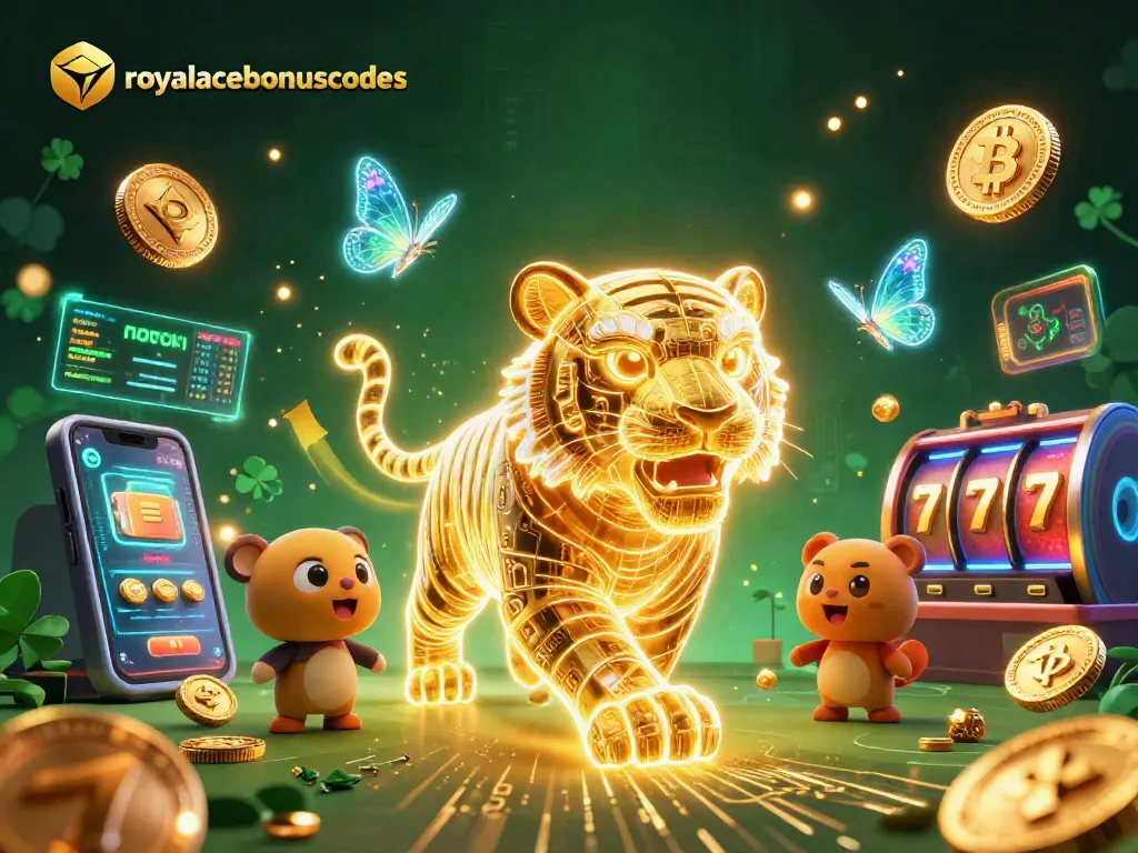 Spin the reels of royalacebonuscodes with a vibrant scene of a golden tiger prowling in a neon casino landscape.