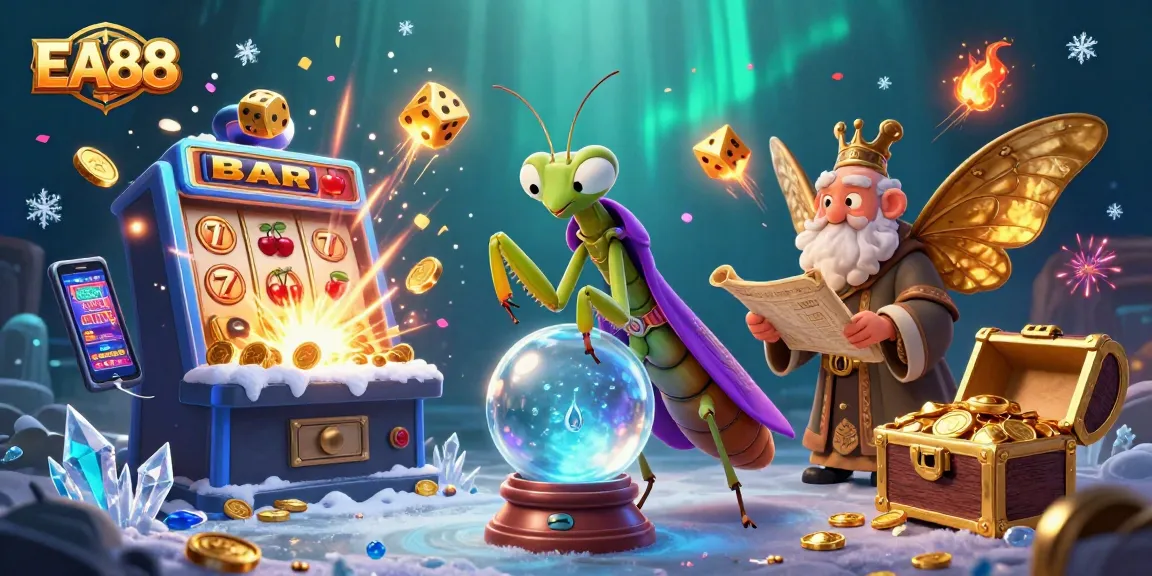 EA88 players experience jackpot excitement with cartoon fortune teller and vibrant casino elements.