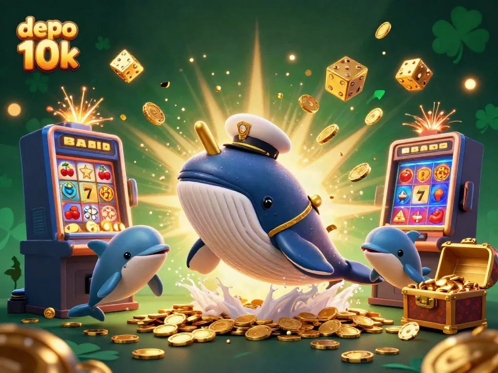 Experience the excitement of depo 10k as a whale breaches through coins in this vibrant casino scene.